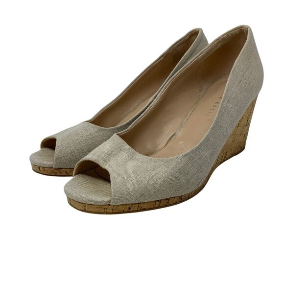 Kelly & Katie Kavdena Peep Toe Wedge Heels Womens Size 8 Beige Metallic Cork - Picture 2 of 7